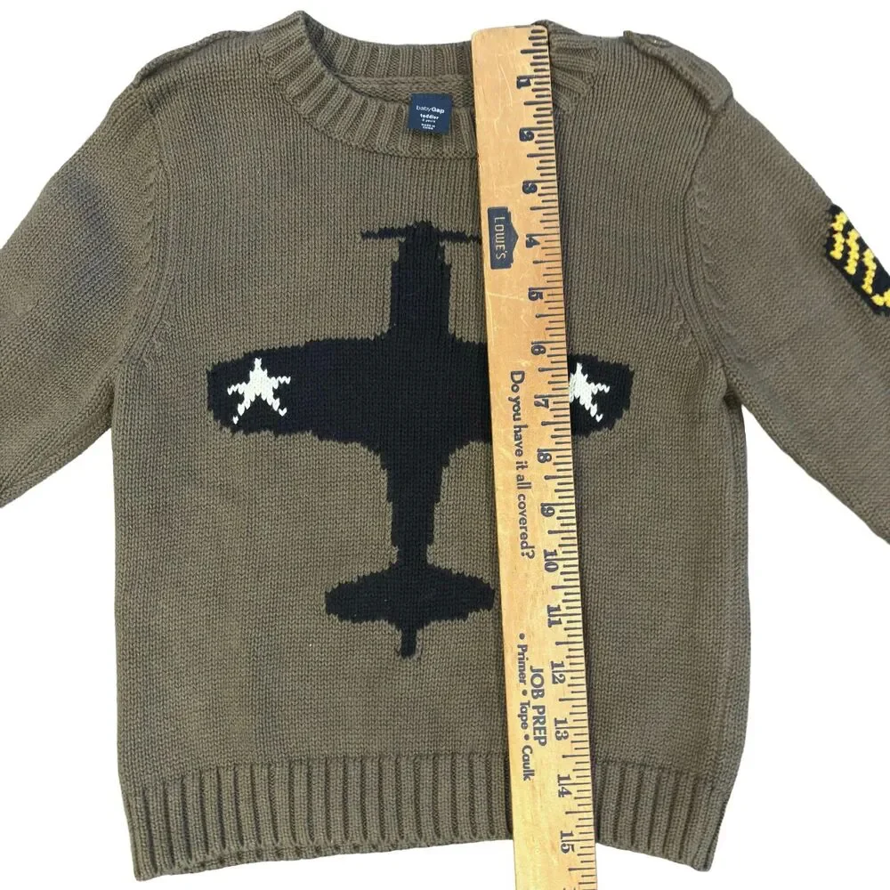 BabyGap Toddler Boys 2T Olive Airplane 100% Cotton Knit Pullover Sweater
